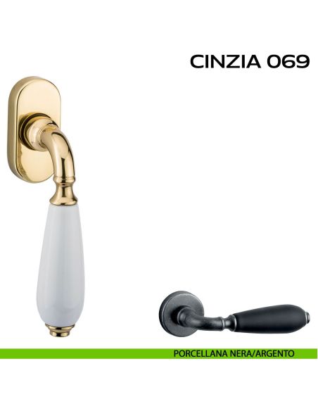 Maniglia martellina DK per finestra Cinzia 069 Reguitti Porcellana nera / Argento vecchio