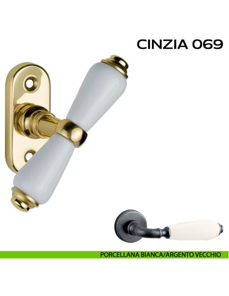 Maniglia per finestra martellina Cinzia 069 Reguitti Porcellana bianca / Argento vecchio