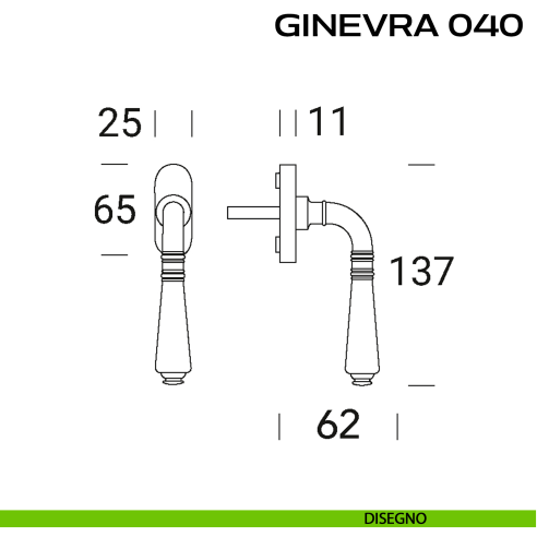 Maniglia martellina DK stretta per finestra Ginevra 040 Reguitti disegno