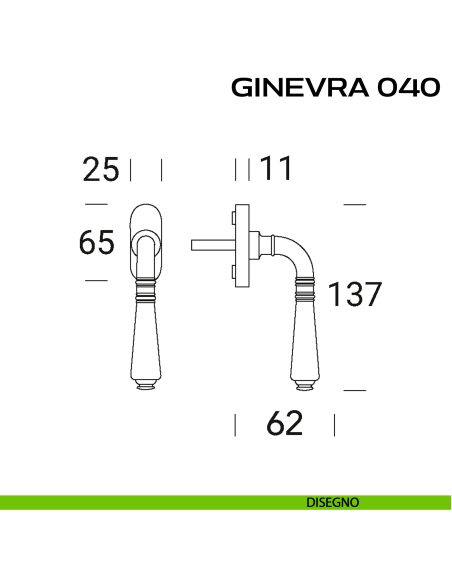 Maniglia martellina DK stretta per finestra Ginevra 040 Reguitti disegno