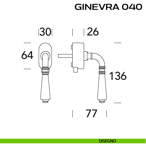 Maniglia per finestra DK con pulsante su placca Ginevra 040 Reguitti disegno