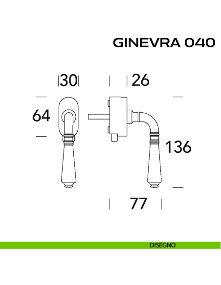 Maniglia per finestra DK con pulsante su placca Ginevra 040 Reguitti disegno