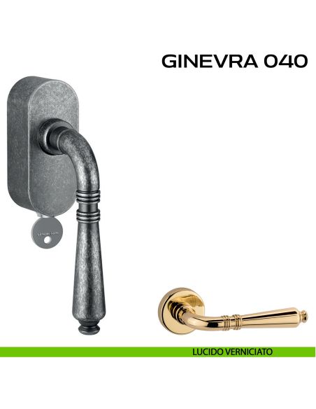Maniglia per finestra martellina DK con chiave su placca Ginevra 040 Reguitti lucido