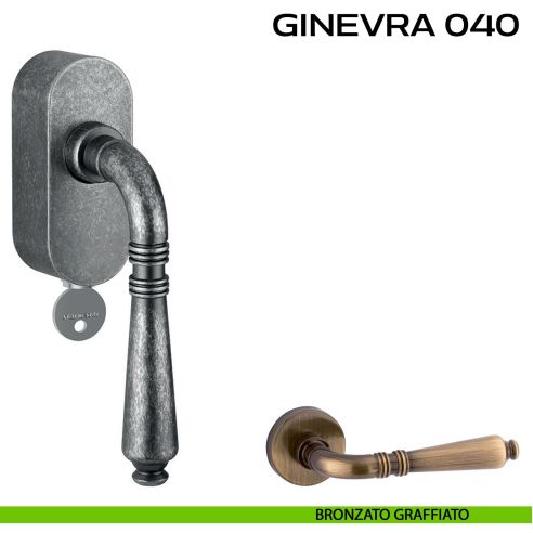 Maniglia per finestra martellina DK con chiave su placca Ginevra 040 Reguitti bronzato