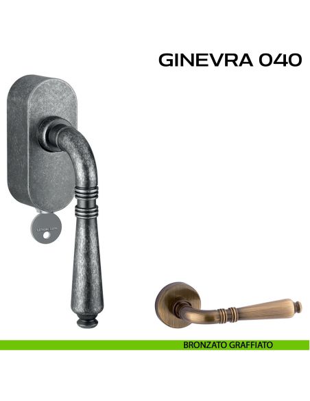 Maniglia per finestra martellina DK con chiave su placca Ginevra 040 Reguitti bronzato