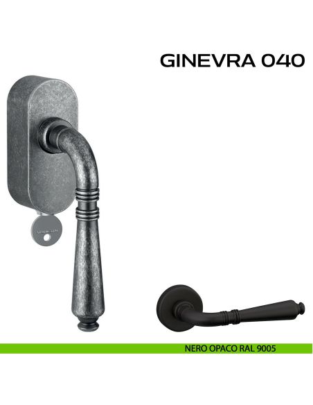 Maniglia per finestra martellina DK con chiave su placca Ginevra 040 Reguitti nero
