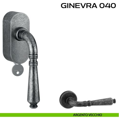 Maniglia per finestra martellina DK con chiave su placca Ginevra 040 Reguitti argento