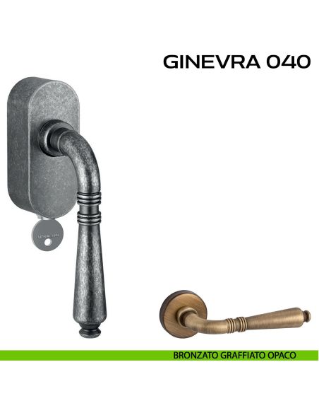 Maniglia per finestra martellina DK con chiave su placca Ginevra 040 Reguitti graffiato opaco