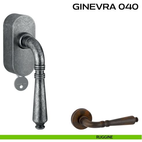 Maniglia per finestra martellina DK con chiave su placca Ginevra 040 Reguitti ruggine