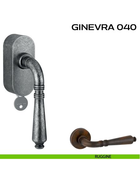Maniglia per finestra martellina DK con chiave su placca Ginevra 040 Reguitti ruggine
