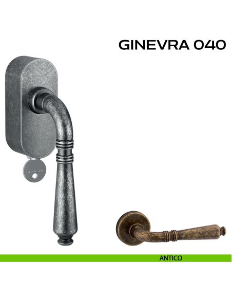 Maniglia per finestra martellina DK con chiave su placca Ginevra 040 Reguitti antico