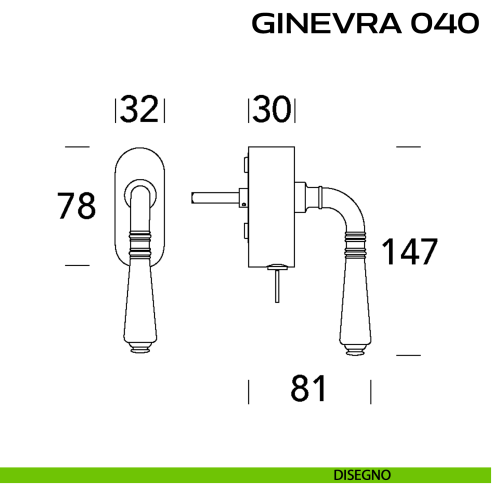 Maniglia per finestra martellina DK con chiave su placca Ginevra 040 Reguitti disegno