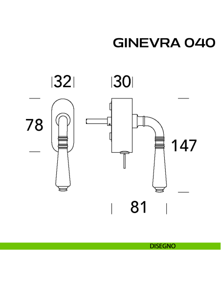 Maniglia per finestra martellina DK con chiave su placca Ginevra 040 Reguitti disegno