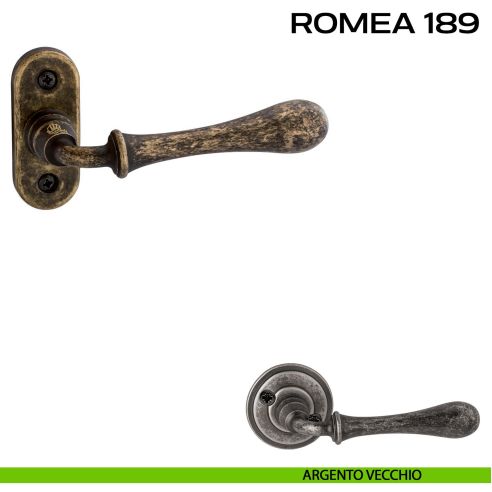 Maniglia per porta 189 Romea Reguitti con viti a vista e rosetta ovale argento