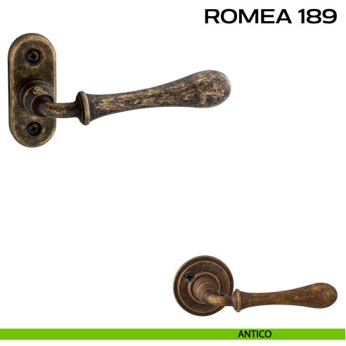 Maniglia per porta 189 Romea Reguitti con viti a vista e rosetta ovale antico