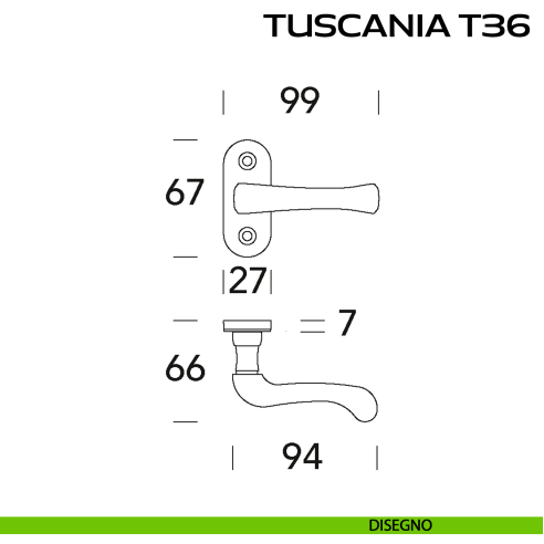 Maniglia per porta Tuscania T36 Reguitti con viti a vista e rosetta ovale disegno