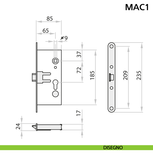 Serratura antipanico a spingere MAC1 sinistra per porta tagliafuoco Ninz 3201101.001 - disegno