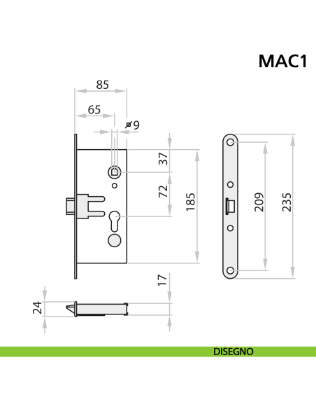 Serratura antipanico MAC1 sinistra per porta tagliafuoco Ninz 3201101.001 - disegno