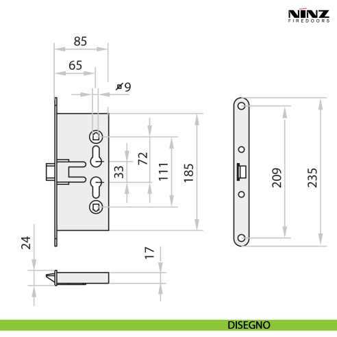 Serratura antipanico a spingere per porta tagliafuoco anta singola o attiva Ninz 3201001.016 - disegno
