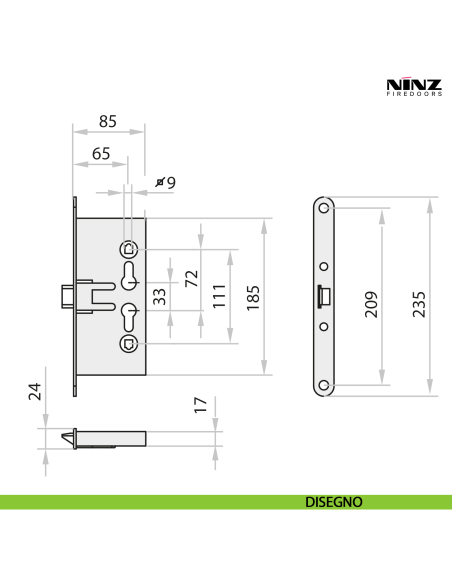 Serratura antipanico a spingere per porta tagliafuoco anta singola o attiva Ninz 3201001.016 - disegno
