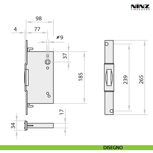 Serratura antipanico per porta tagliafuoco anta secondaria Ninz 3201001.024 - disegno