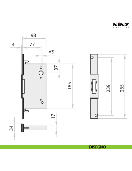 Serratura antipanico per porta tagliafuoco anta secondaria Ninz 3201001.024 - disegno