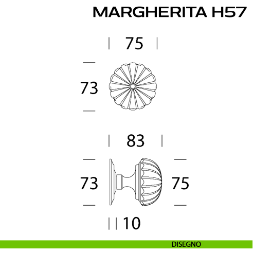 Pomolo per porta fisso Margherita H57 Reguitti diametro 75 mm con rosetta diametro 73 mm disegno