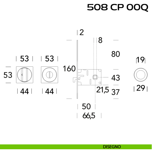Kit placche incasso quadrate con nottolino 508 Reguitti con frontalino di trascinamento e serratura 026SR disegno