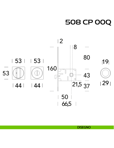 Kit placche incasso quadrate con nottolino 508 Reguitti con frontalino di trascinamento e serratura 026SR disegno