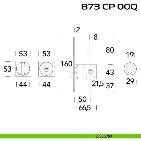 Kit placche incasso quadrate con nottolino Reguitti 873 con frontalino di trascinamento e serratura 026SR disegno