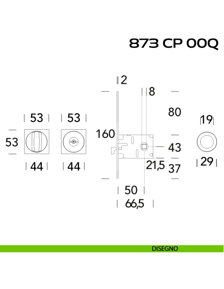 Kit placche incasso quadrate con nottolino Reguitti 873 con frontalino di trascinamento e serratura 026SR disegno