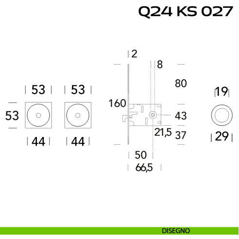 Kit placche incasso quadrate con foro chiave a spillo Reguitti Q24 con frontalino di trascinamento e serratura 027SR disegno