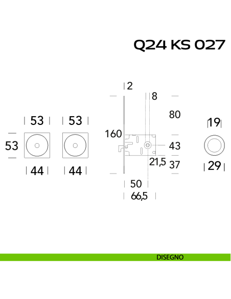Kit placche incasso quadrate con foro chiave a spillo Reguitti Q24 con frontalino di trascinamento e serratura 027SR disegno