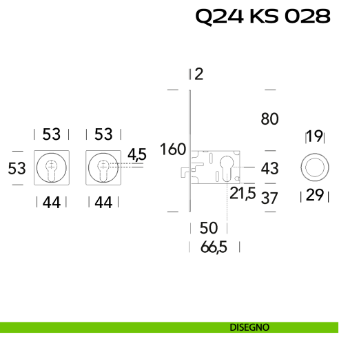 Kit placche incasso quadrate con foro yale Reguitti Q24 con frontalino di trascinamento e serratura 028SR disegno