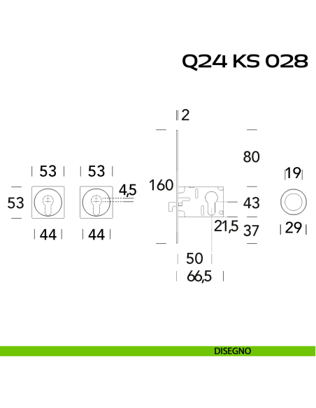 Kit placche incasso quadrate con foro yale Reguitti Q24 con frontalino di trascinamento e serratura 028SR disegno