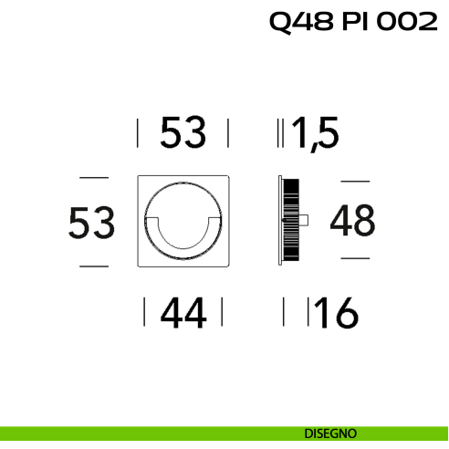 Placca ad incasso quadrata con anello di presa e vite di connessione passante cieca Reguitti Q48 PI 002 disegno