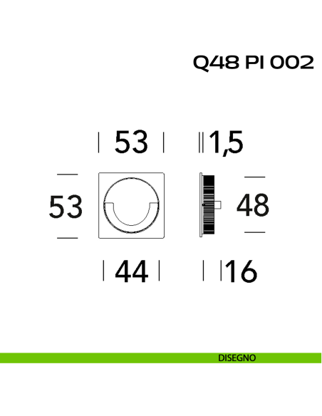 Placca ad incasso quadrata con anello di presa e vite di connessione passante cieca Reguitti Q48 PI 002 disegno