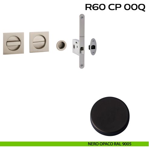 Kit placche incasso quadrate con nottolino Reguitti R60 con frontalino di trascinamento e serratura 026SR nero
