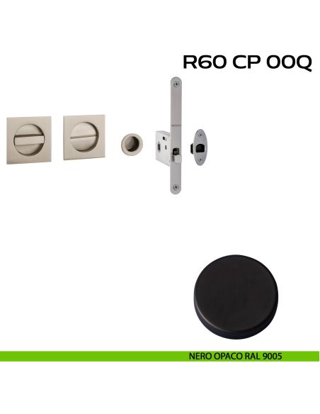 Kit placche incasso quadrate con nottolino Reguitti R60 con frontalino di trascinamento e serratura 026SR nero