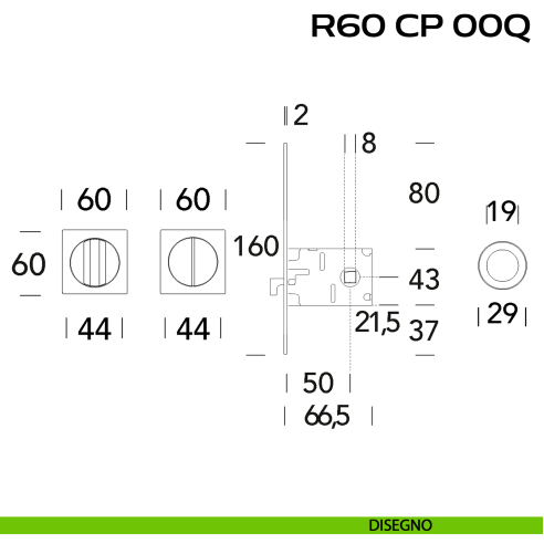 Kit placche incasso quadrate con nottolino Reguitti R60 con frontalino di trascinamento e serratura 026SR disegno