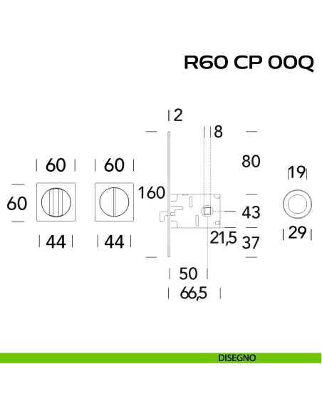 Kit placche incasso quadrate con nottolino Reguitti R60 con frontalino di trascinamento e serratura 026SR disegno