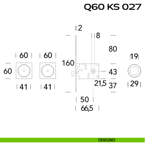 Kit placche incasso quadrate con foro chiave a spillo Reguitti Q60 con frontalino di trascinamento e serratura 027SR disegno