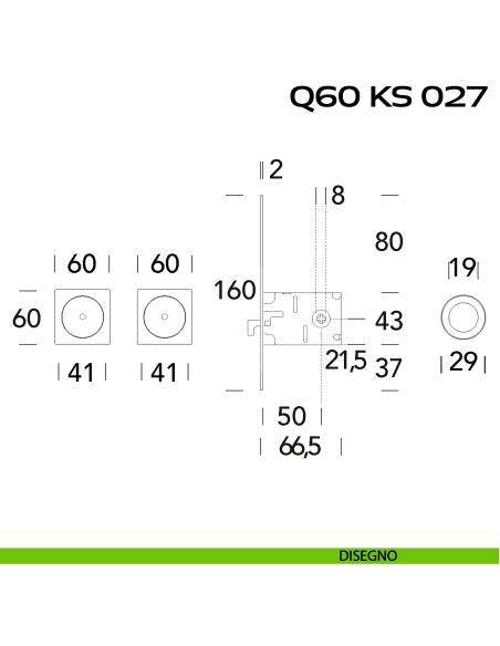 Kit placche incasso quadrate con foro chiave a spillo Reguitti Q60 con frontalino di trascinamento e serratura 027SR disegno