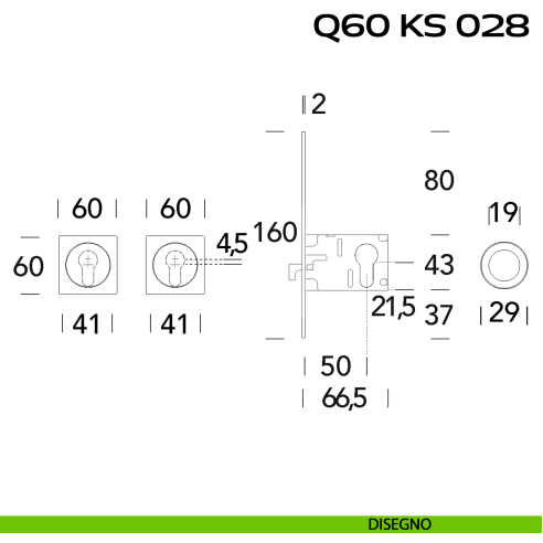 Kit placche incasso quadrate con foro yale Reguitti Q60 con frontalino di trascinamento e serratura 028SR disegno