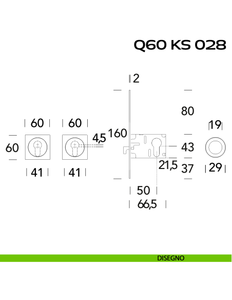 Kit placche incasso quadrate con foro yale Reguitti Q60 con frontalino di trascinamento e serratura 028SR disegno