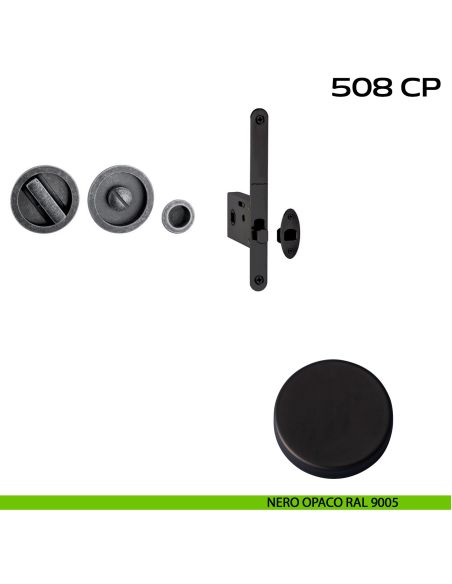 Kit placche incasso tonde con nottolino Reguitti 508 con frontalino di trascinamento e serratura 026SR nero