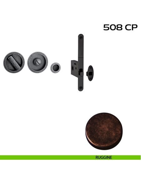 Kit placche incasso tonde con nottolino Reguitti 508 con frontalino di trascinamento e serratura 026SR ruggine