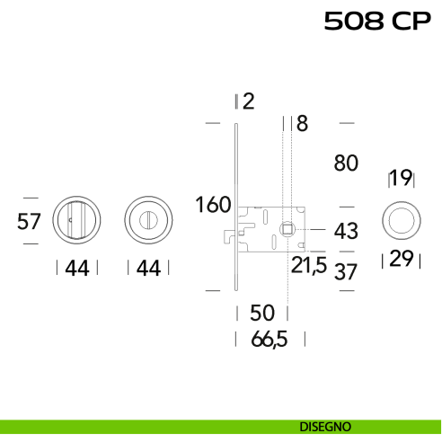 Kit placche incasso tonde con nottolino Reguitti 508 con frontalino di trascinamento e serratura 026SR disegno
