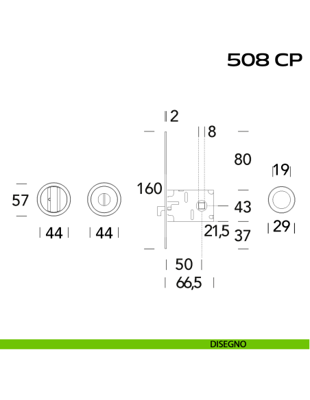 Kit placche incasso tonde con nottolino Reguitti 508 con frontalino di trascinamento e serratura 026SR disegno