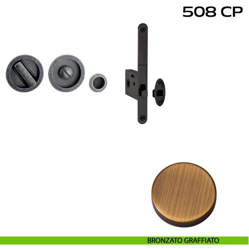 Kit placche incasso tonde con nottolino Reguitti 508 con frontalino di trascinamento e serratura 026SR bronzato